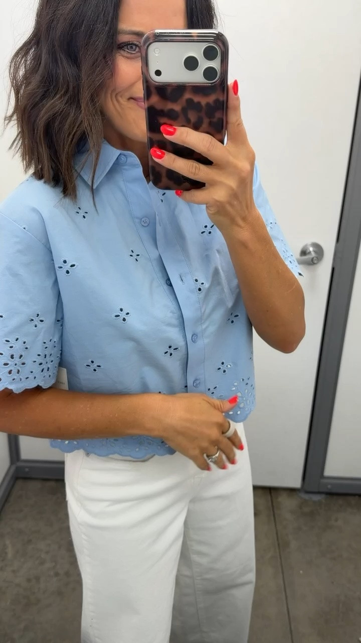 Walmart deal that looks way more expensive than it is. 💙 This eyelet button-up is such a good summer staple, and I couldn’t believe I found it on sale. It looks so cute with white denim, shorts, or even thrown over a swimsuit.

Wearing an XS.
5’3” for reference.

#walmartfinds #walmartfashion #walmartstyle #walmartdeals #summerstyle #affordablefashion #ltkstyle #everydaystyle