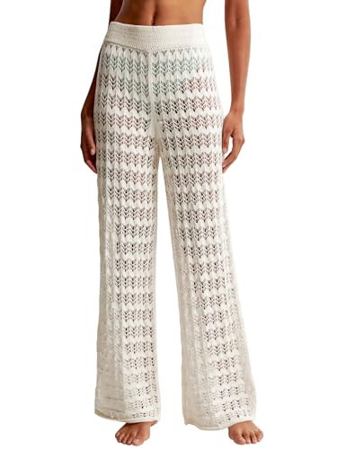 Saodimallsu Womens Crochet Cover Up Pants Sheer Mesh High Waist Sexy Casual Knit Summer Swimsuit Coverup Beach Pants White | Amazon (US)