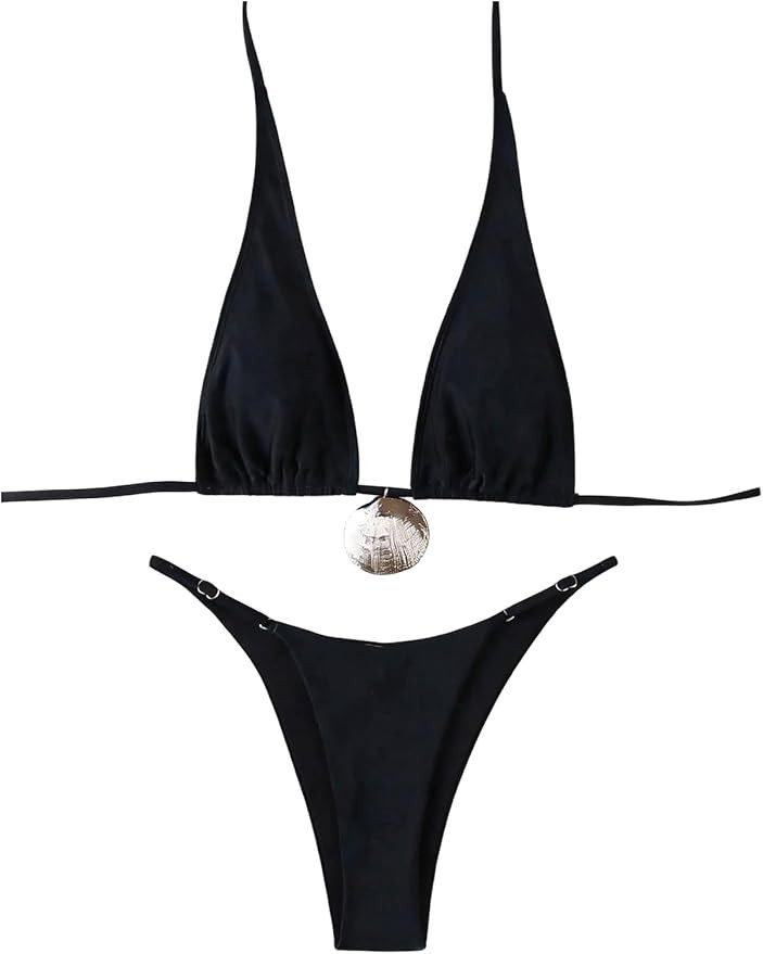 RoseSeek Women's 2 Piece Triangle Bikini Sets Metal Shell Decor Spaghetti Strap Tops and Thongs | Amazon (US)
