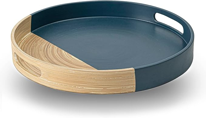 13.78" Dia Spun Bamboo Serving Tray, Round Tray with Handles, Round Ottoman Tray, Semi Blue for C... | Amazon (US)