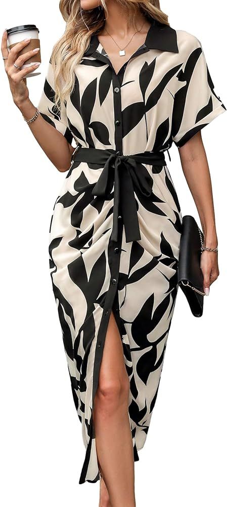 Milumia Women's Printed Button Up Belted Midi Dress Wrap Short Sleeve Collar Shirt Dresses | Amazon (US)