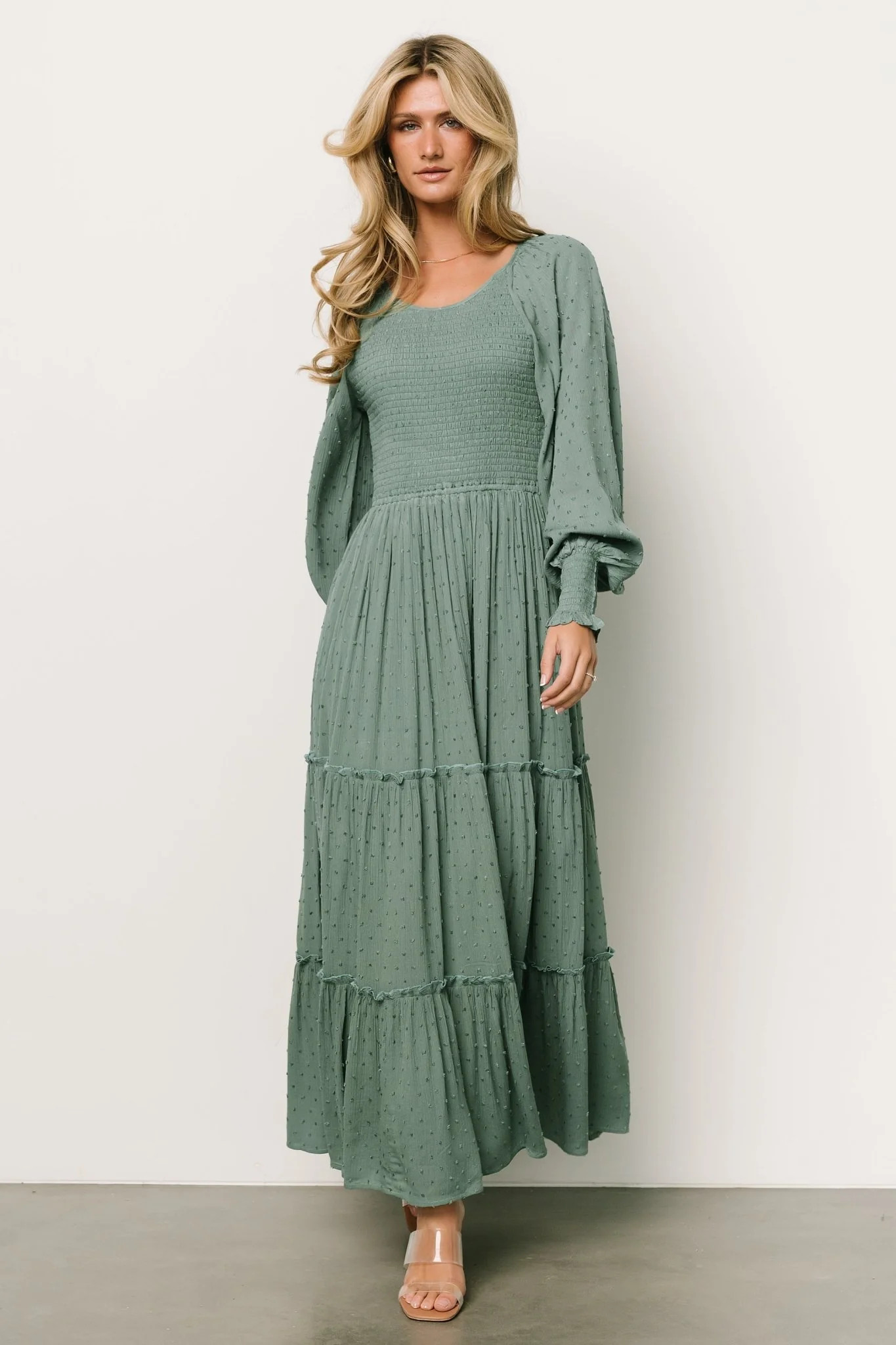Bayley Smocked Dotted Maxi Dress | Dark Eucalyptus | Baltic Born