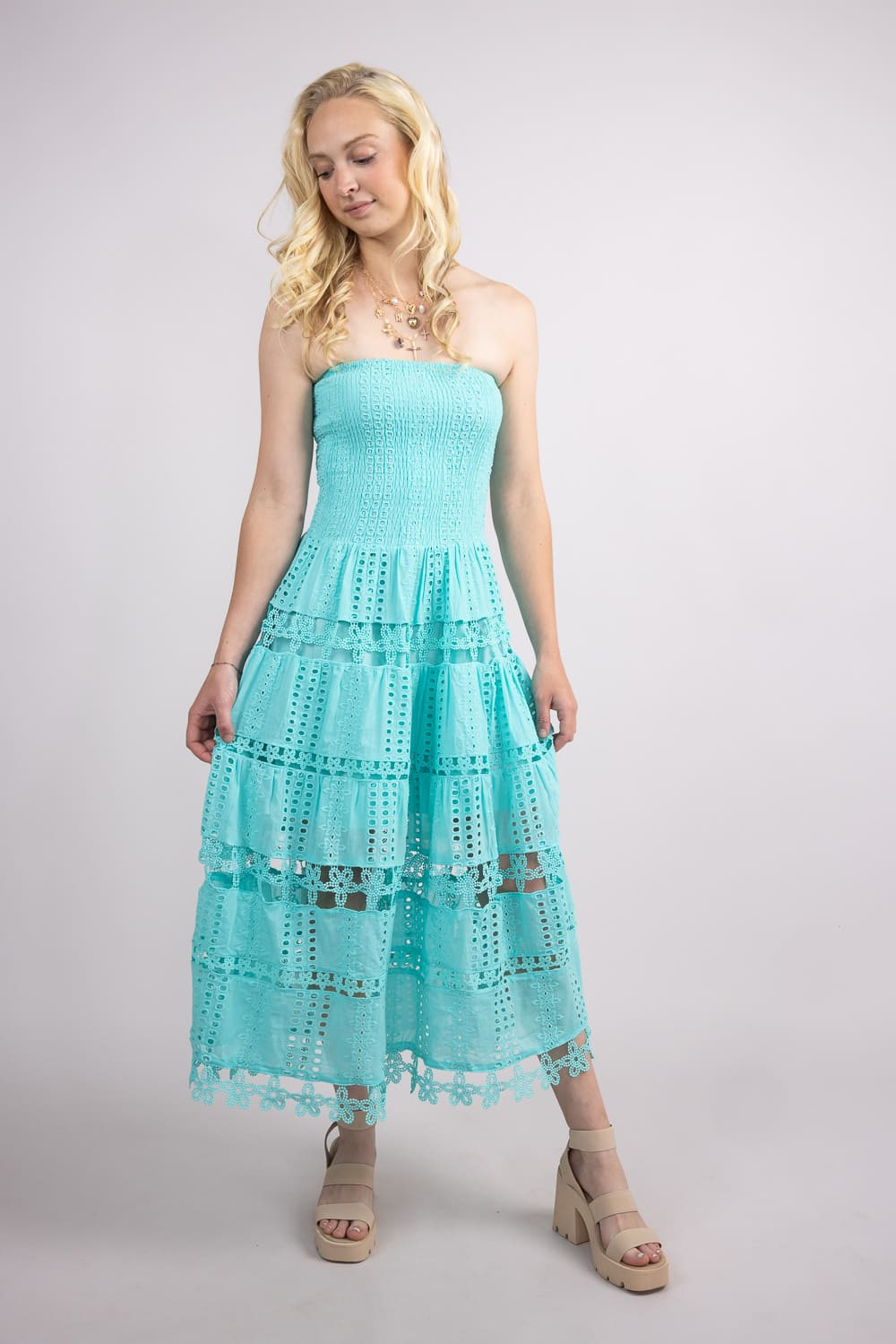 Eyelet Lace Strapless Midi Dress for Women in Tiffany Blue | Glik's