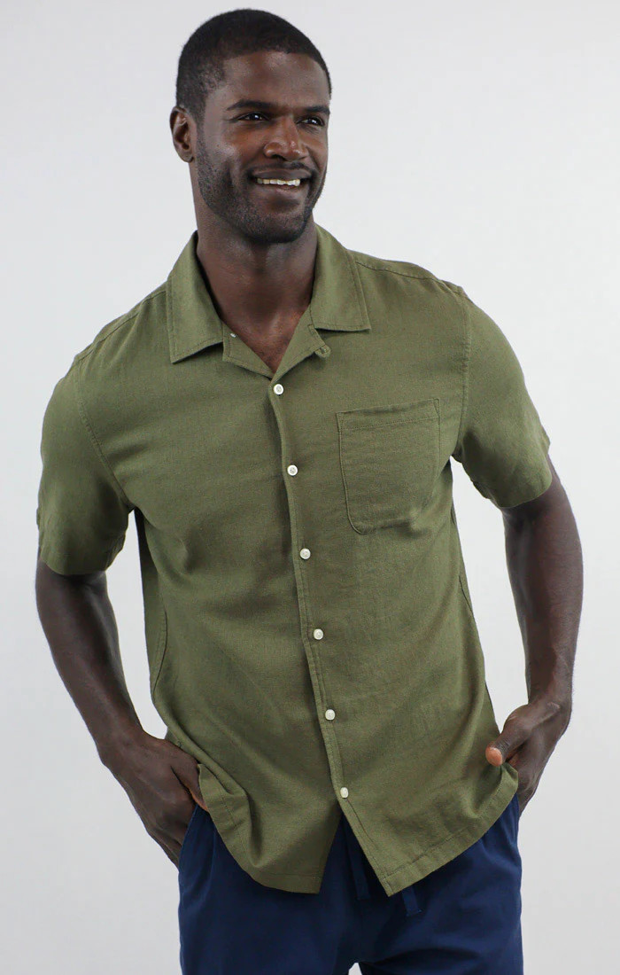 Olive Linen Suffolk Short Sleeve Camp Shirt | JACHS NY