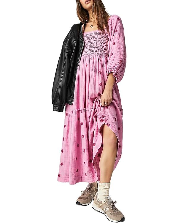 Women Bohemian Embroidered Floral Dress 2024 Casual Puff Long Sleeve Maxi Dresses Boho Flowy Ruff... | Amazon (US)