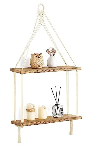 Mkono Macrame Hanging Shelf Boho Wall Decor 2 Tier Handmade Cotton Rope Rustic Wood Floating Shelves Display Photos Plants Hanging Storage Shelving for Living Room Nursery Bathroom Bedroom | Amazon (US)