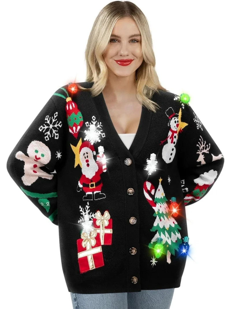 Joyfy Christmas Cardigan for Women with LED Lights, Long Sleeve V-Neck Funny Ugly Novelty Christm... | Walmart (US)