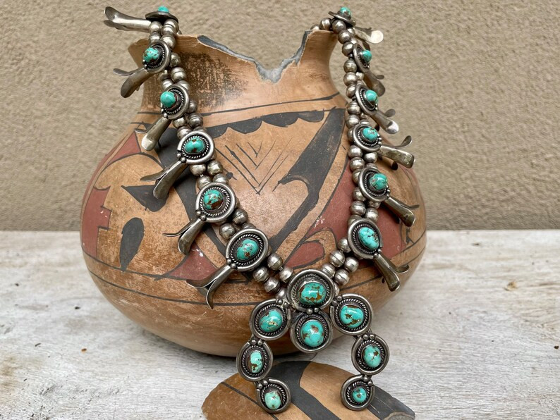 Vintage 162g Silver Turquoise Navajo Squash Blossom Necklace - Etsy | Etsy (US)