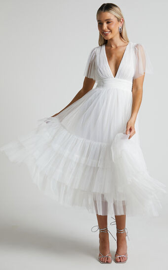 Jiraye Midi Dress - Flutter Sleeve Tuelle Plunge Dress in White | Showpo (US, UK & Europe)