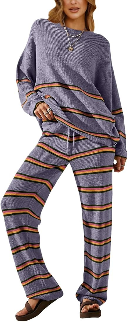 AGSEEM 2 Piece Outfits for Women 2024 Winter Fashion Oversized Striped Sets Cozy Loungewear Knit ... | Amazon (US)