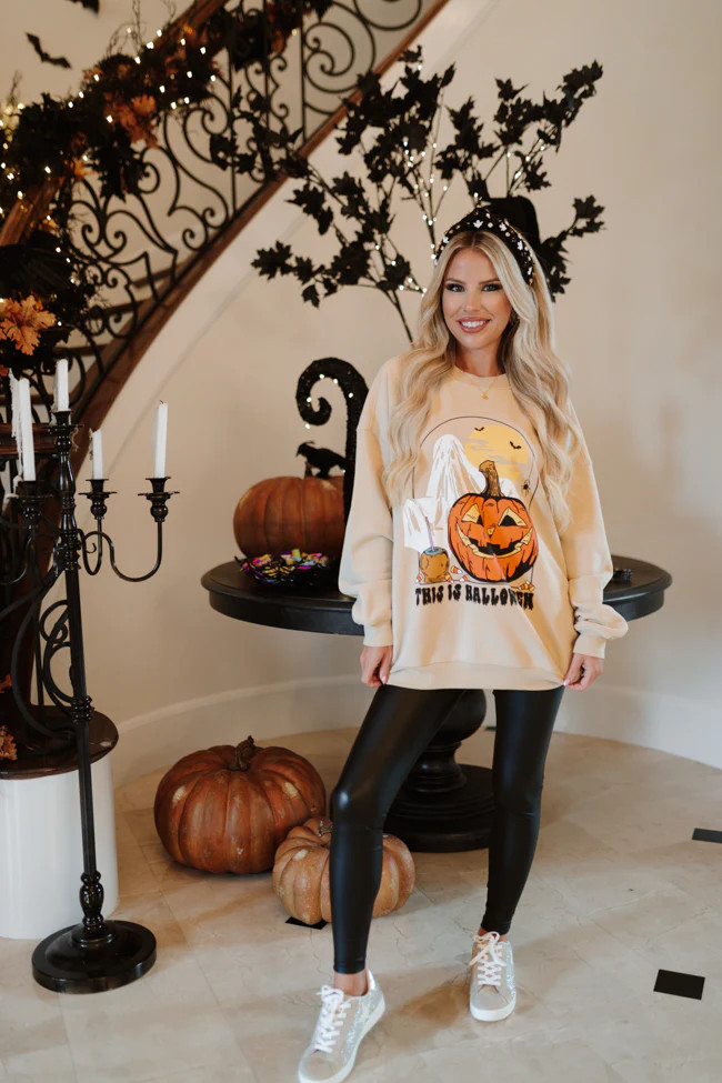 This Is Halloween Light Tan Oversized Graphic Sweatshirt Macy Blackwell X Pink Lily | Pink Lily