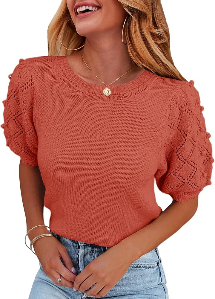Fall Sweaters for Women 2023 Puff Short Sleeve Sweater Tops Knit Pom Pom Trendy Casual Blouses | Amazon (US)