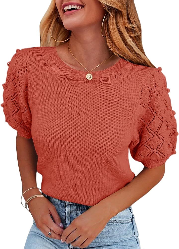 Fall Sweaters for Women 2023 Puff Short Sleeve Sweater Tops Knit Pom Pom Trendy Casual Blouses | Amazon (US)