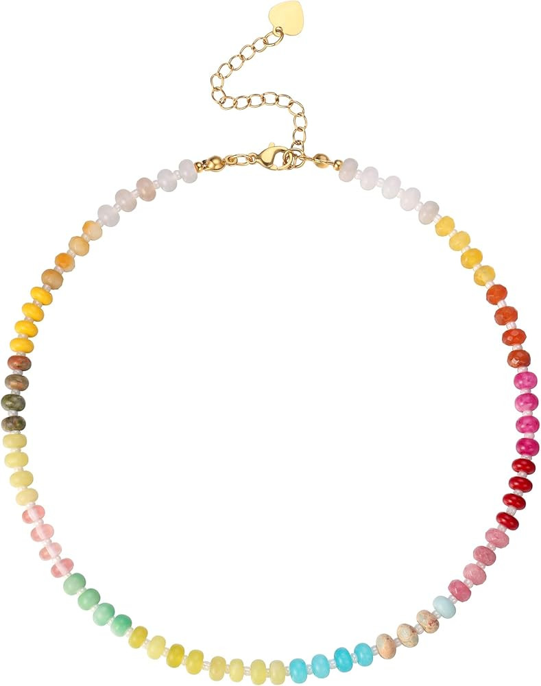 Colorful Beaded Necklace for Women,Boho Natural Stone Beach Necklace Rainbow Stone Choker Necklac... | Amazon (US)