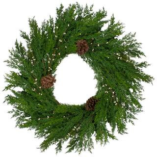 32 in. Unlit Green Cypress with Pinecones and White Berries Artificial Christmas Wreath | The Home Depot