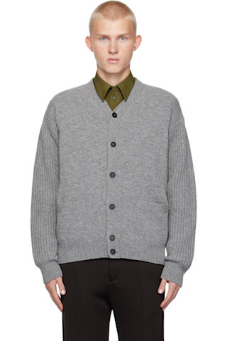 Ferragamo - Gray Ribbed Sleeve Cardigan | SSENSE