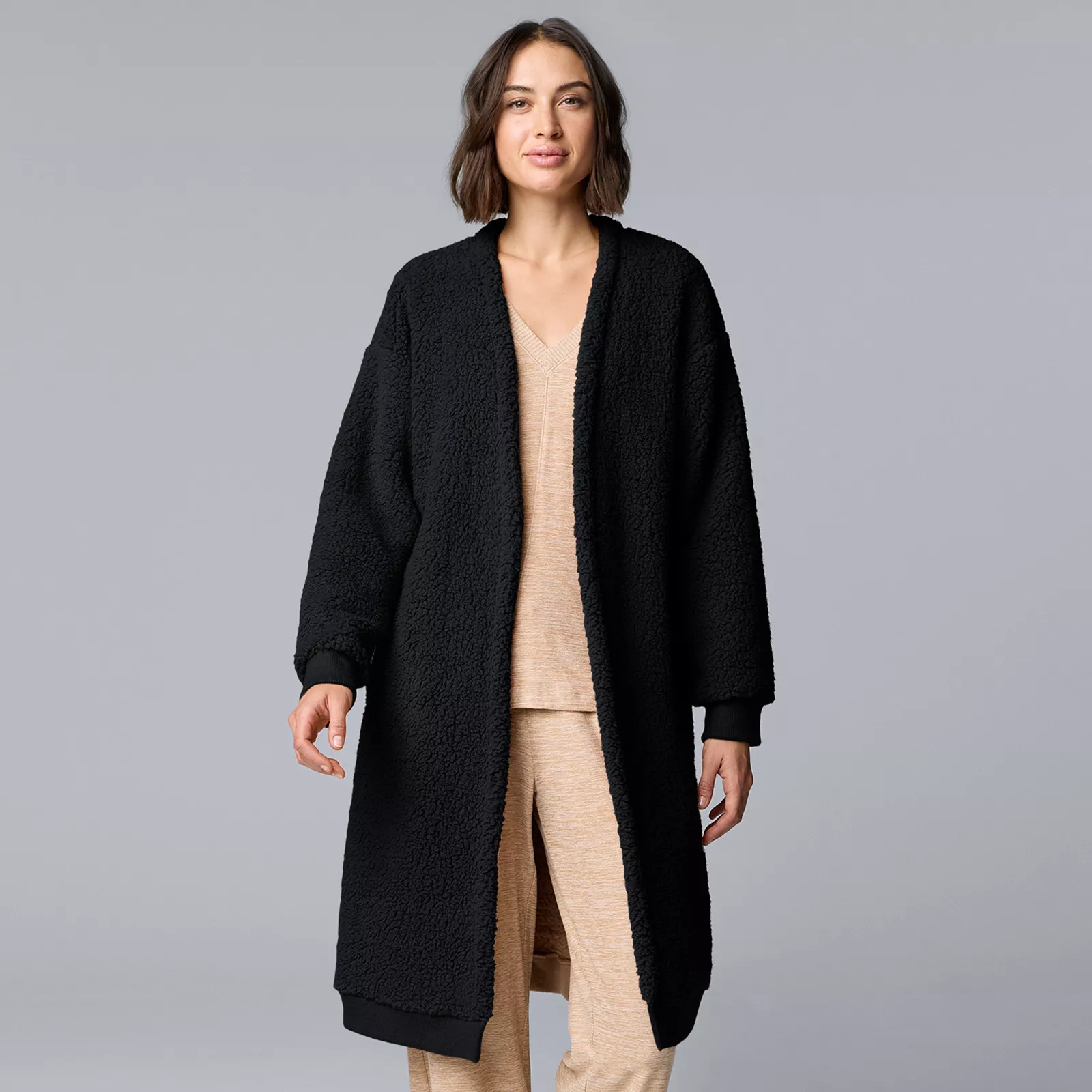 Women's Simply Vera Vera Wang Plush Sherpa Long Sleeve Open Front Cardigan, Size: XS, Black Faux Fur | Kohl's