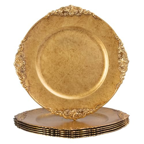 MAONAME Antique Gold Charger Plates, Round Antique Plate Chargers for Dinner Plate, 13" Plastic Charger for Plates, Wedding Table Setting, Set of 6 | Amazon (US)