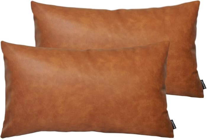 Set of 2 Thick Faux Leather Lumbar Throw Pillow Covers 12x20, Modern Farmhouse Boho Small Long Ac... | Amazon (US)