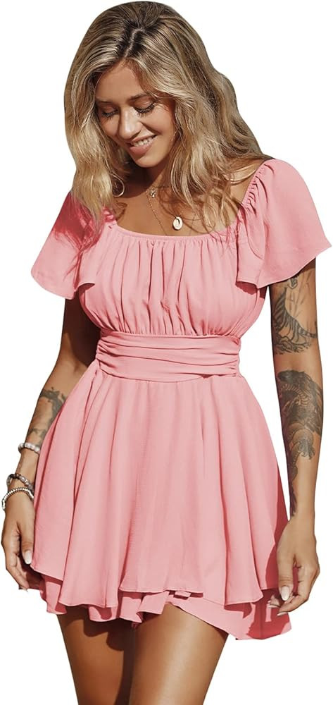 EXLURA Women's 2025 Summer Ruffle Short Sleeve Tie Back Romper Dress Square Neck A Line Cute Dres... | Amazon (US)