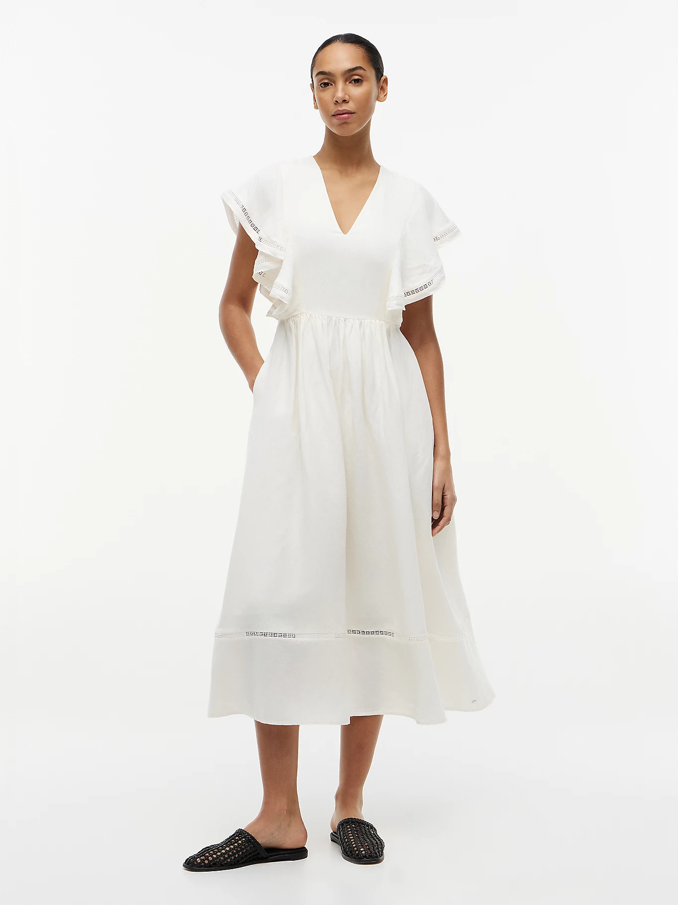 Linen Blend Frill Sleeve Midi Dress | White | Tommy Hilfiger | Tommy Hilfiger UK