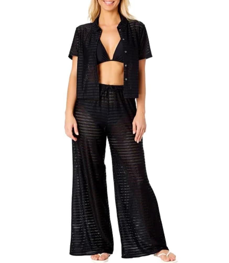 Women's 2 Piece Crochet Swim Cover Up Set, Short Sleeve Top and Pant | Amazon (US)