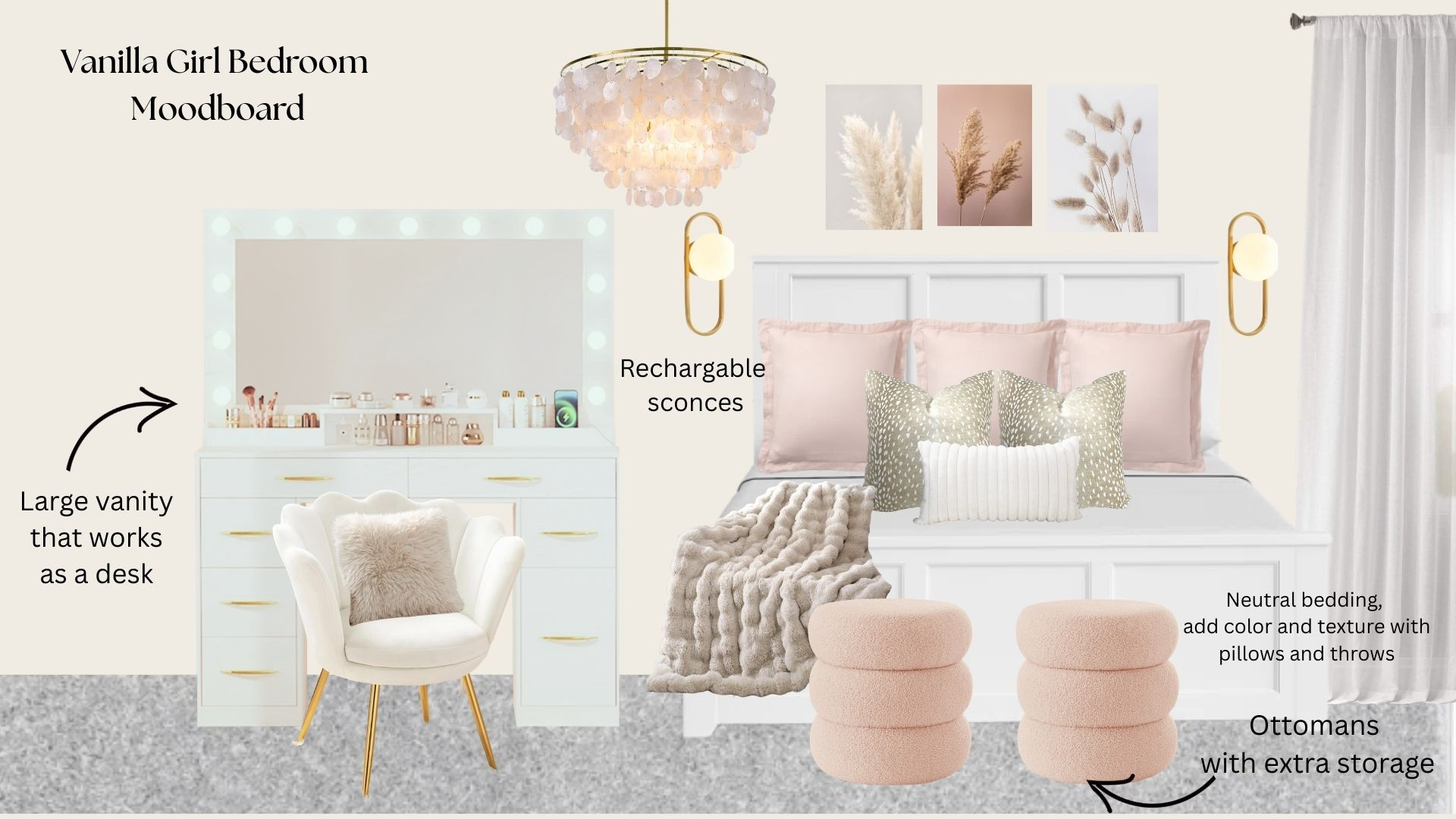 Vanilla girl bedroom moodboard
Clean girl bedroom aesthetic
Teenage girl neutral bedroom inspo
White, beige, blush pink with gold accents 

 #LTKHome #LTKStyleTip #LTKKids