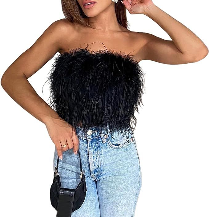 Women Faux Fur Feather Tank Top Sexy Sleeveless Off Shoudler Tube Top Fuzzy Tight Corset Cami Sli... | Amazon (US)