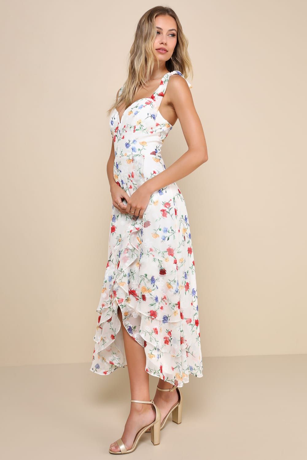 So Elevated Ivory Floral Jacquard Tie-Strap High-Low Midi Dress | Lulus