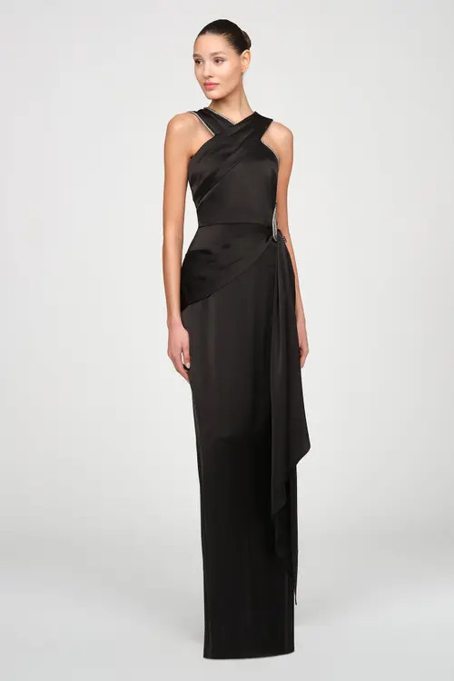 Theia Cressida Halter Column Satin Gown in Black at Nordstrom, Size 16 | Nordstrom