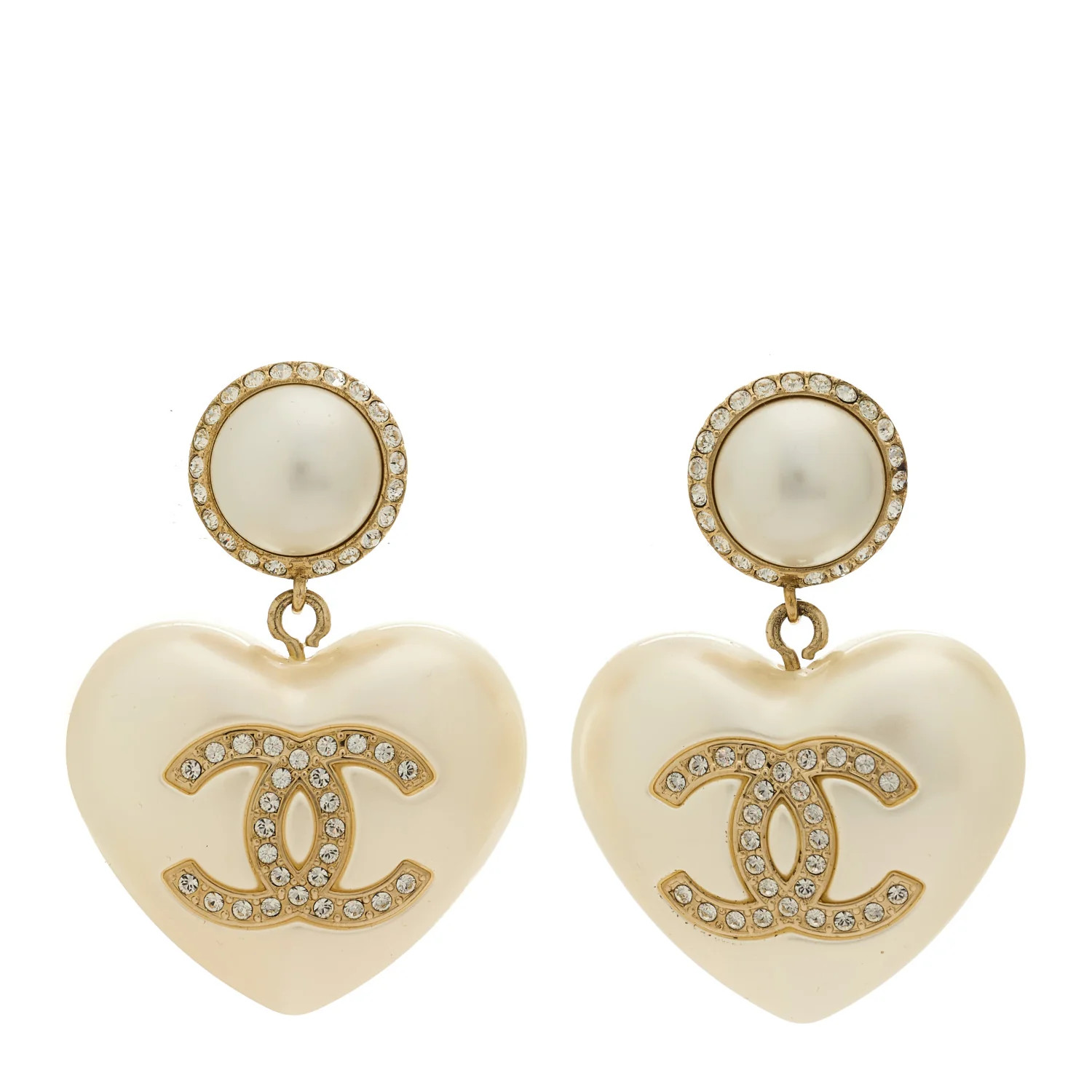 Pearl Crystal CC Heart Drop Earrings Gold | FASHIONPHILE (US)
