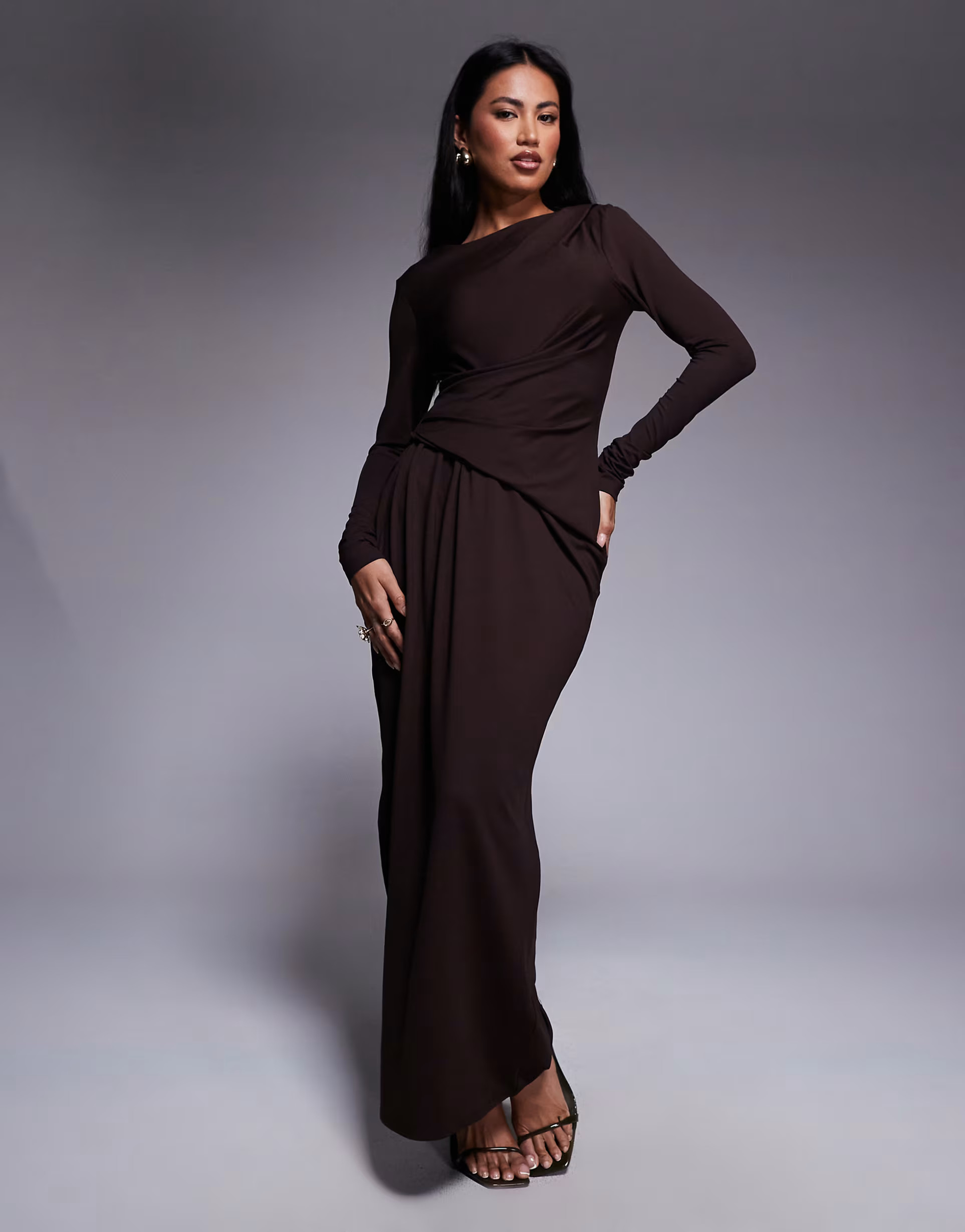 ASOS DESIGN soft touch long sleeve drape maxi dress in chocolate | ASOS | ASOS (Global)