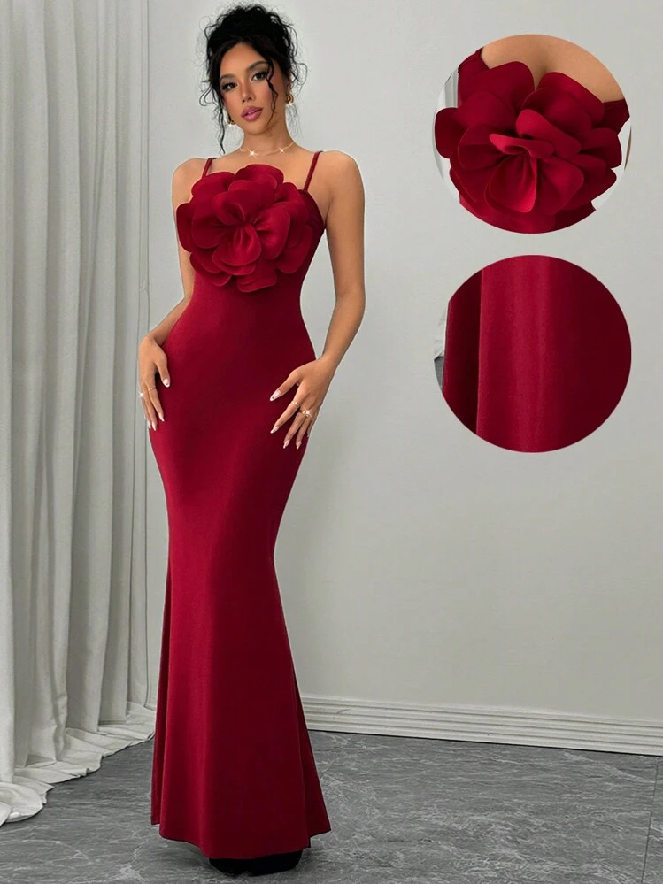 SHEIN Raffinéa Fashion Versatile Date Party 3D Floral Red Bodycon Fishtail Knit Dress For Women, Autumn/Winter For New Year Clothes Maxi Women Outfit | SHEIN