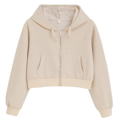 KEEVICI Cute Cropped Zip Up Hoodie For Teen Girls Solid Color Crop Sweatshirts Hooded Cotton Jacket With Pockets Plain Tops(Apricot,L) | Amazon (US)