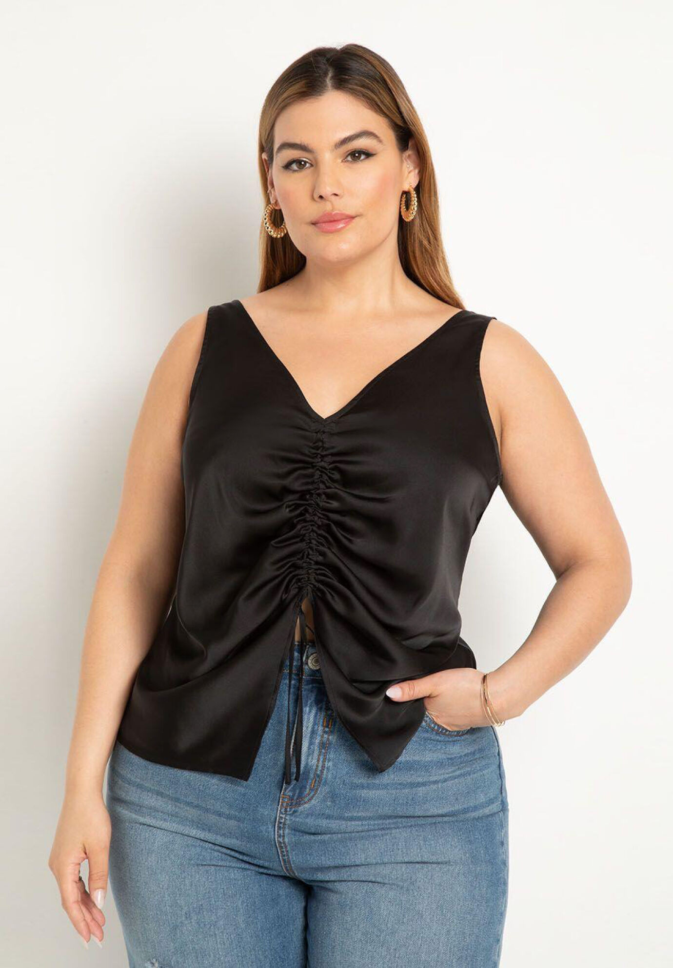 Shirred Front Satin Tank | Eloquii