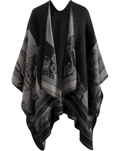 Shawl Wraps for Women - Open Front Ponchos for Women Oversized Pashmina Fashionable Versatile Womens Shawl for Fall Winter, Gray-black Ink | Amazon (US)
