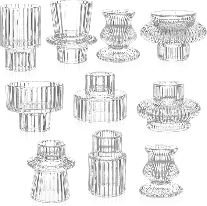 10 Pcs Glass Candlestick Holders Set, Glass Crystal Taper Candle Holders Striped Vintage Reversib... | Amazon (US)