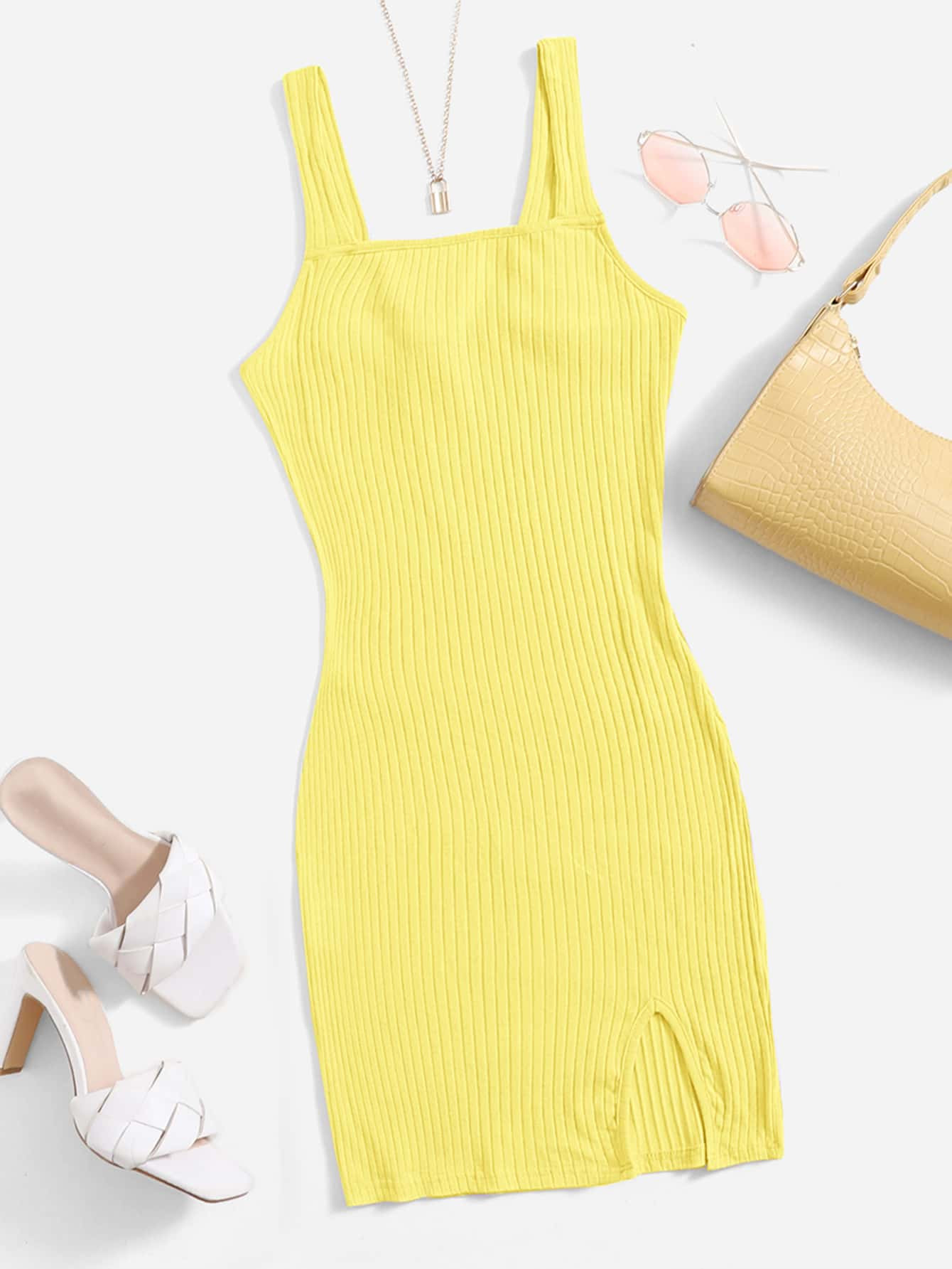 SHEIN EZwear Split Hem Rib-knit Dress | SHEIN