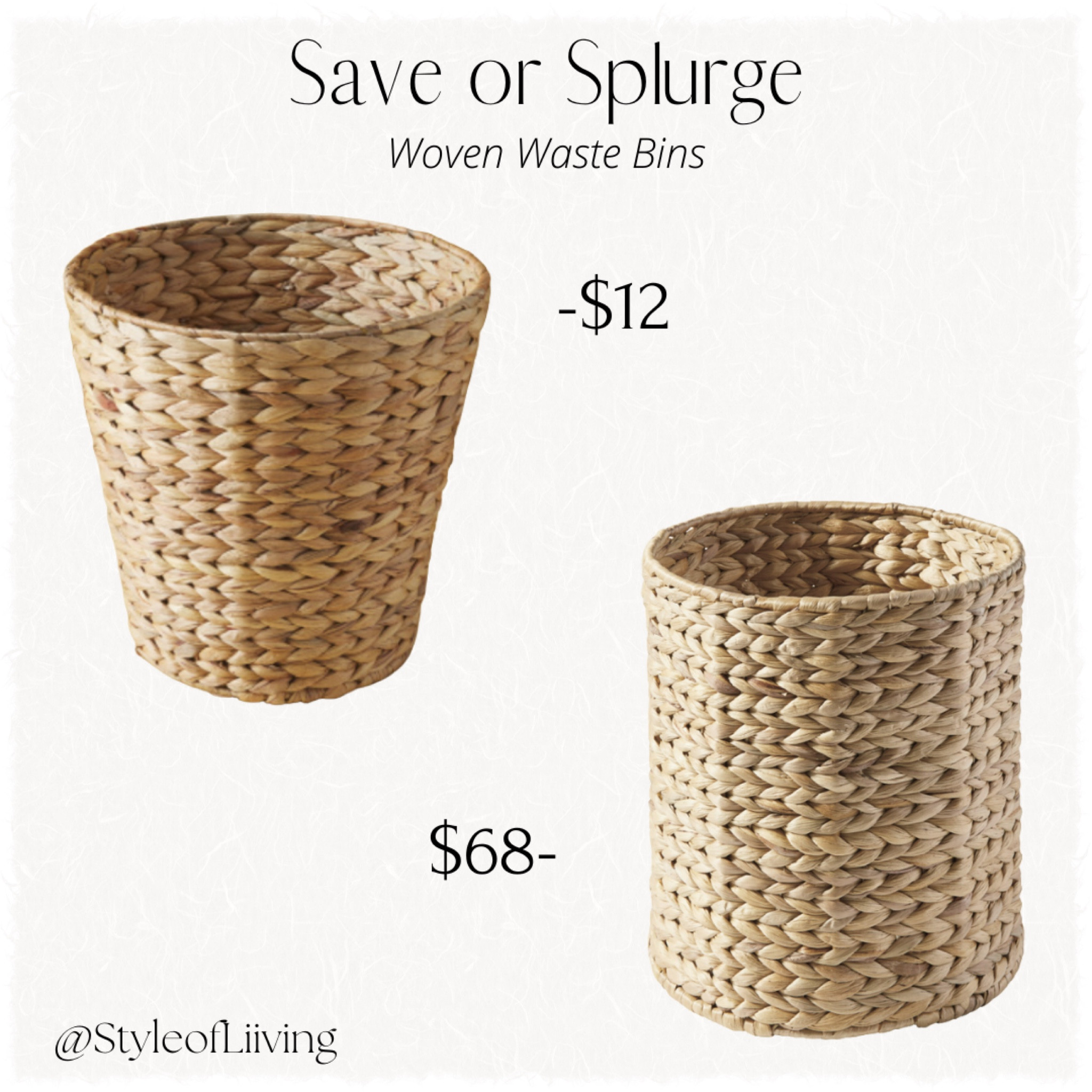 Save or Splurge! Same vibe designer look for less. Woven seagrass waste bin from Serena and Lily or woven wicker handcrafted waste bin from HomeGoods!

#LTKsalealert #LTKstyletip #LTKhome