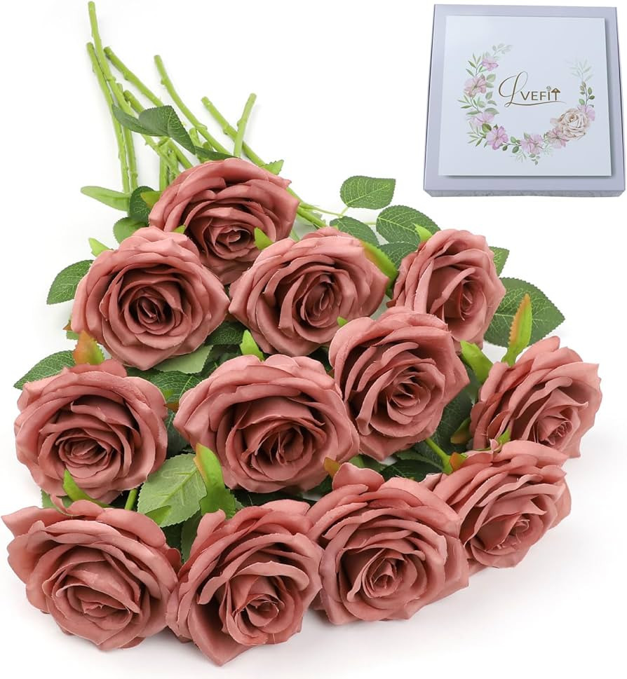 LVEFIT Artificial Rose Flower Dusty Rose Flowers Silk Flowers 12 pcs with Long Stem Silk Roses Bo... | Amazon (US)