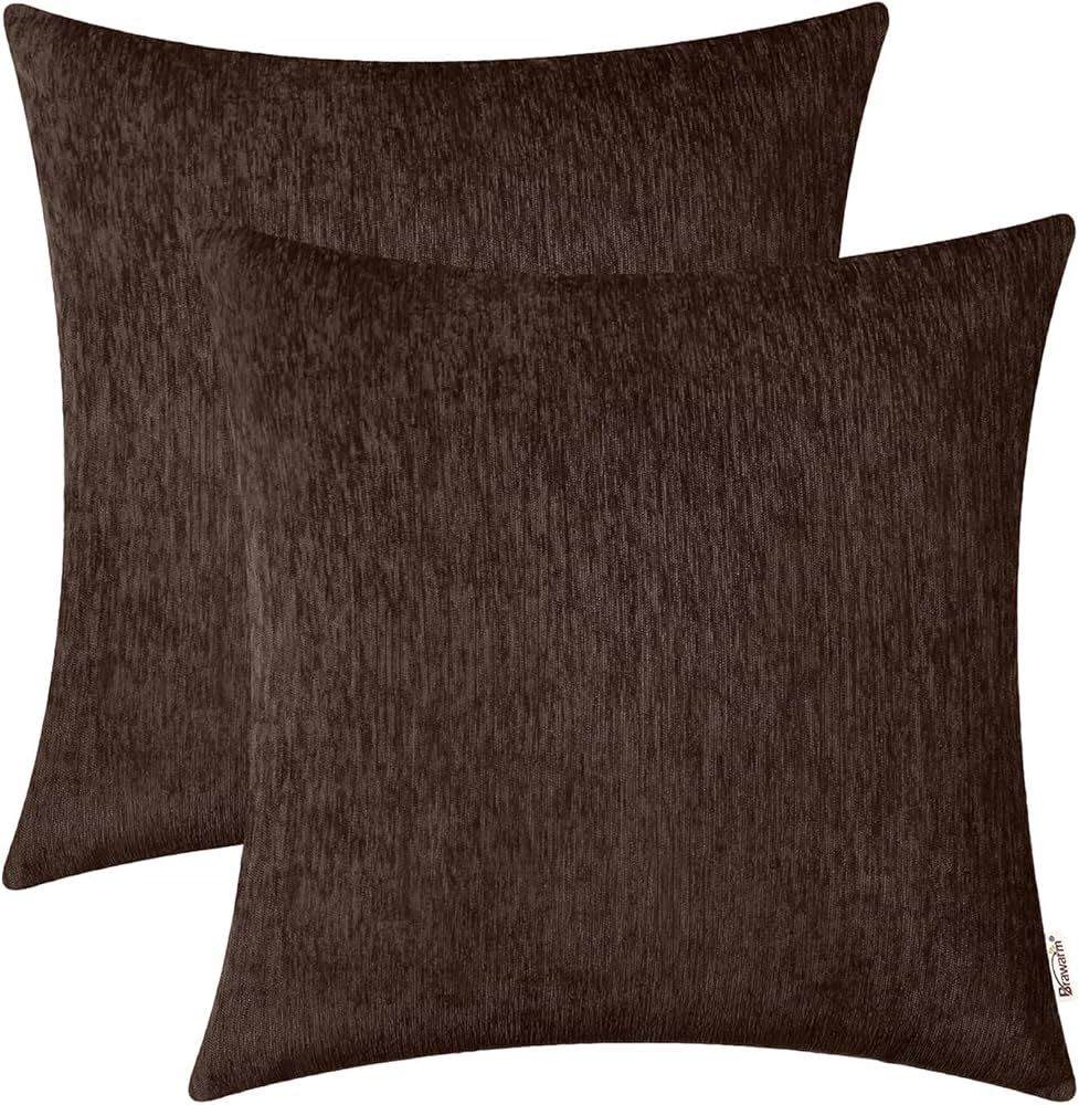 BRAWARM Chenille Throw Pillow Covers 22x22 Inches - Coffee Chenille Pillow Covers Pack of 2, Soli... | Amazon (US)