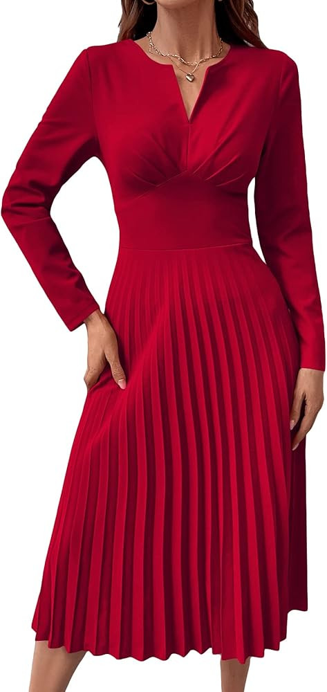 MakeMeChic Women's Pleated Midi Dress Elegant Long Sleeve V Neck A Line Dress | Amazon (US)