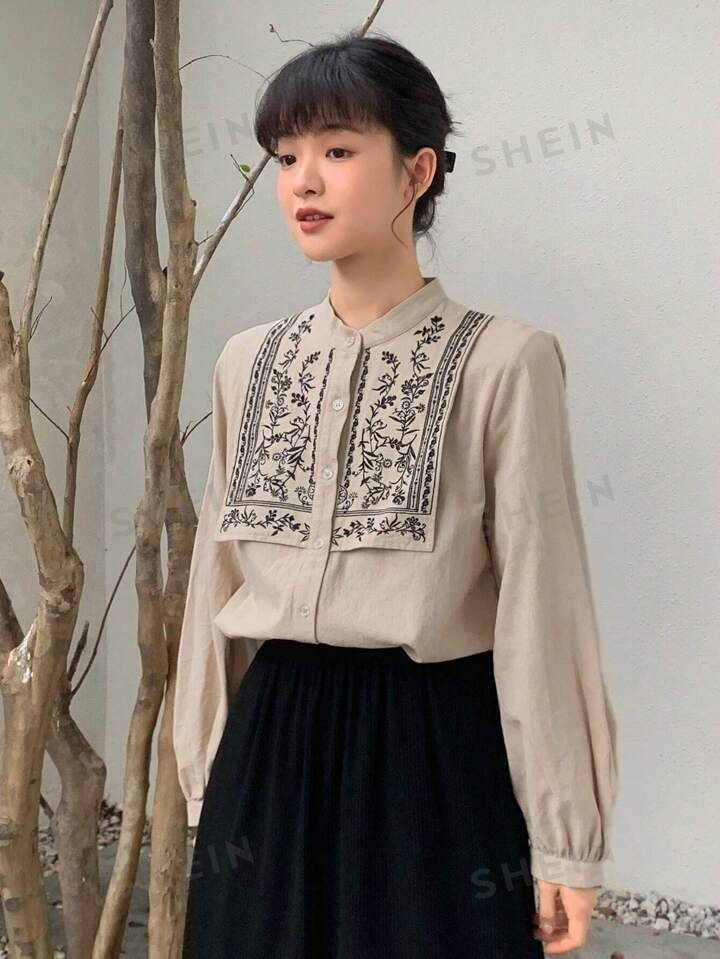 FRIFUL Camicia patchwork con ricamo floreale da donna | SHEIN