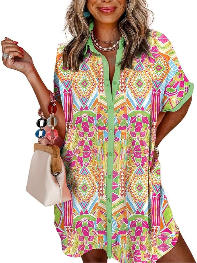 Womens Boho Geometric Contrast Print Button Down Collared Shirt Dress Short Sleeve Cover Up Beach... | Amazon (US)