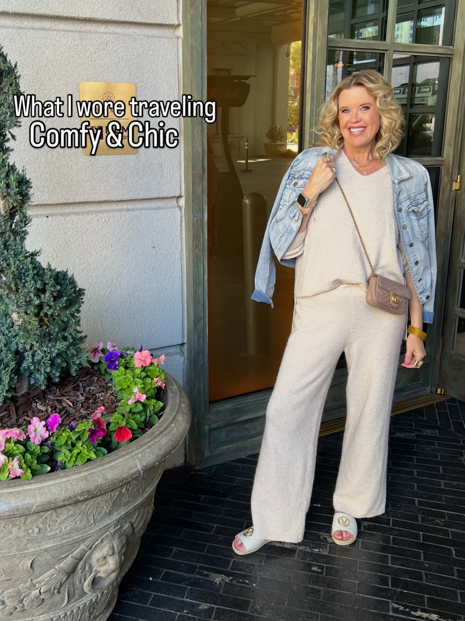 What I wore traveling on road trip

A cozy soft set - frank Eileen light weight cashmere v neck sweater and wide leg pull on pant 
Comfortable- comes in several colors and tts (mine is a couple years old) I linked cute t one and the linen sets for summer are amazing

Valentino quilted slide sandals with espadrille bottoms  large gold v logo on top tts (sold out) linked similar straw hats:)

Gucci marmot-quilted mini bag perfect crossbody holders essentials

Denim jacket Kut from kloth Amelia jacket- old linked similar to get the look 

Gold Budha girl  water proof bangles 

Kendra Scott I watch band  and watch

#LTKootd #LTKTravel #LTKOver40