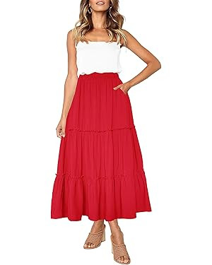 Afibi Womens High Waist A Line Ruffle Swing Long Maxi Skirt with Pockets | Amazon (US)