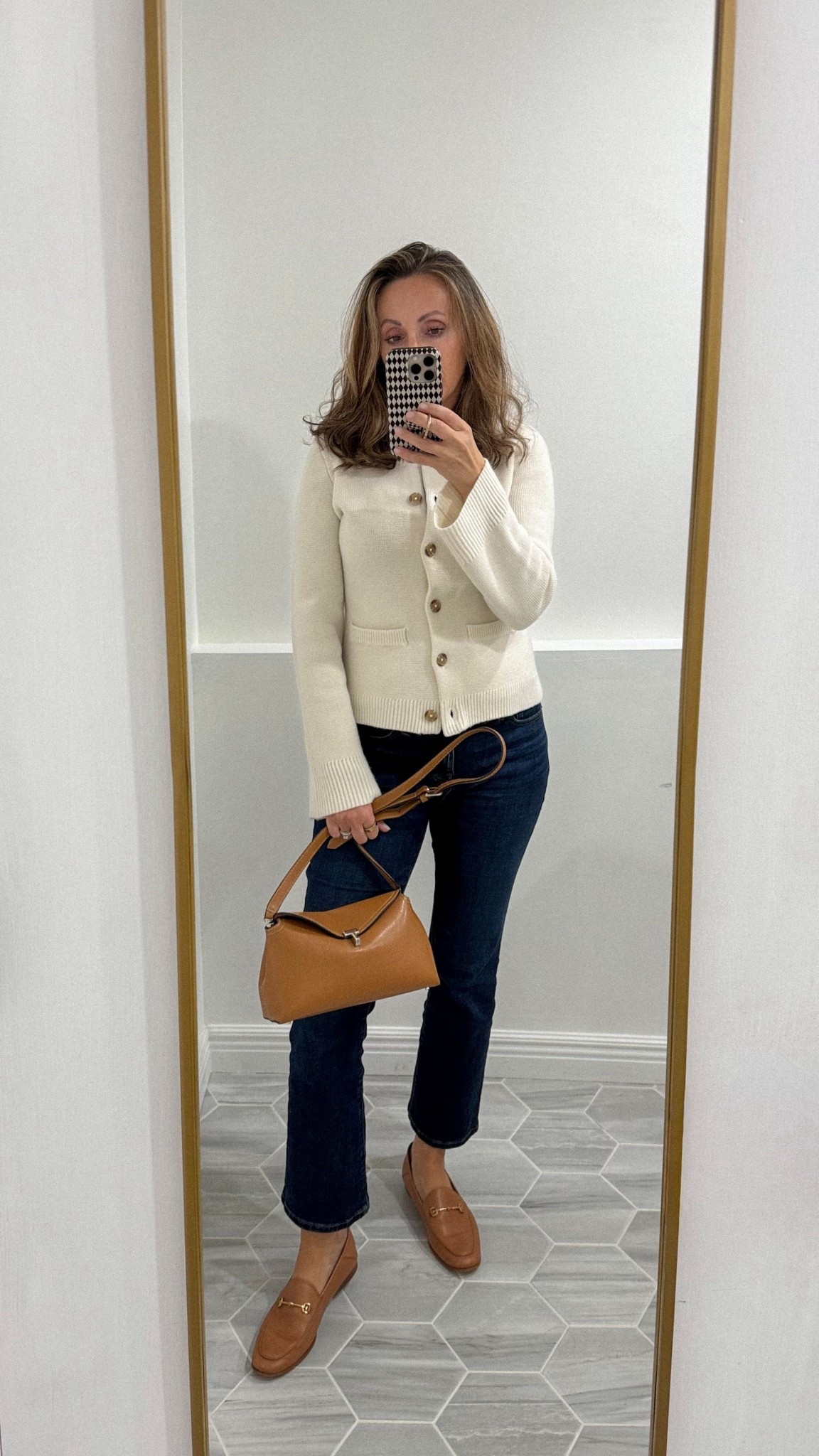 Elevated basics. This structured cashmere cardigan is such a luxe piece. Wearing xs.  
Best loafers! So comfortable and come in ton of colors.  True to size. 

#LTKItBag #LTKShoeCrush #LTKOver40