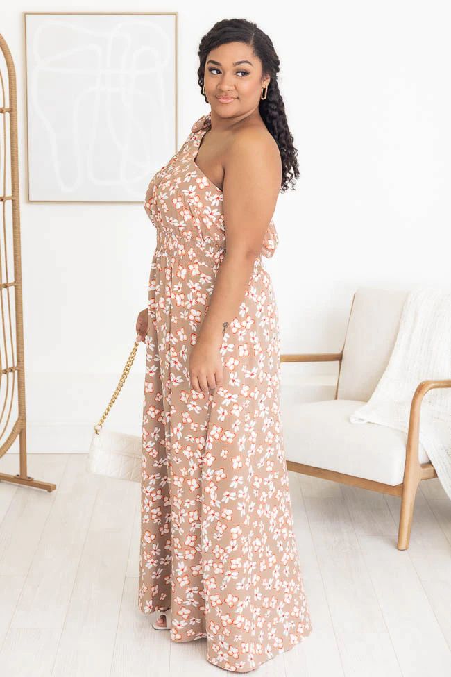 Everlasting Bliss Brown Floral One Shoulder Maxi Dress | Pink Lily