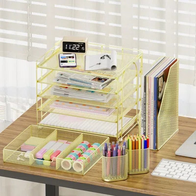 Desk Organizers And Accessories, 5-Tier Paper File Organizer With Drawer & Pen Holder, Office Desk Accessories Workspace Desktop Organizer For Office | Wayfair North America