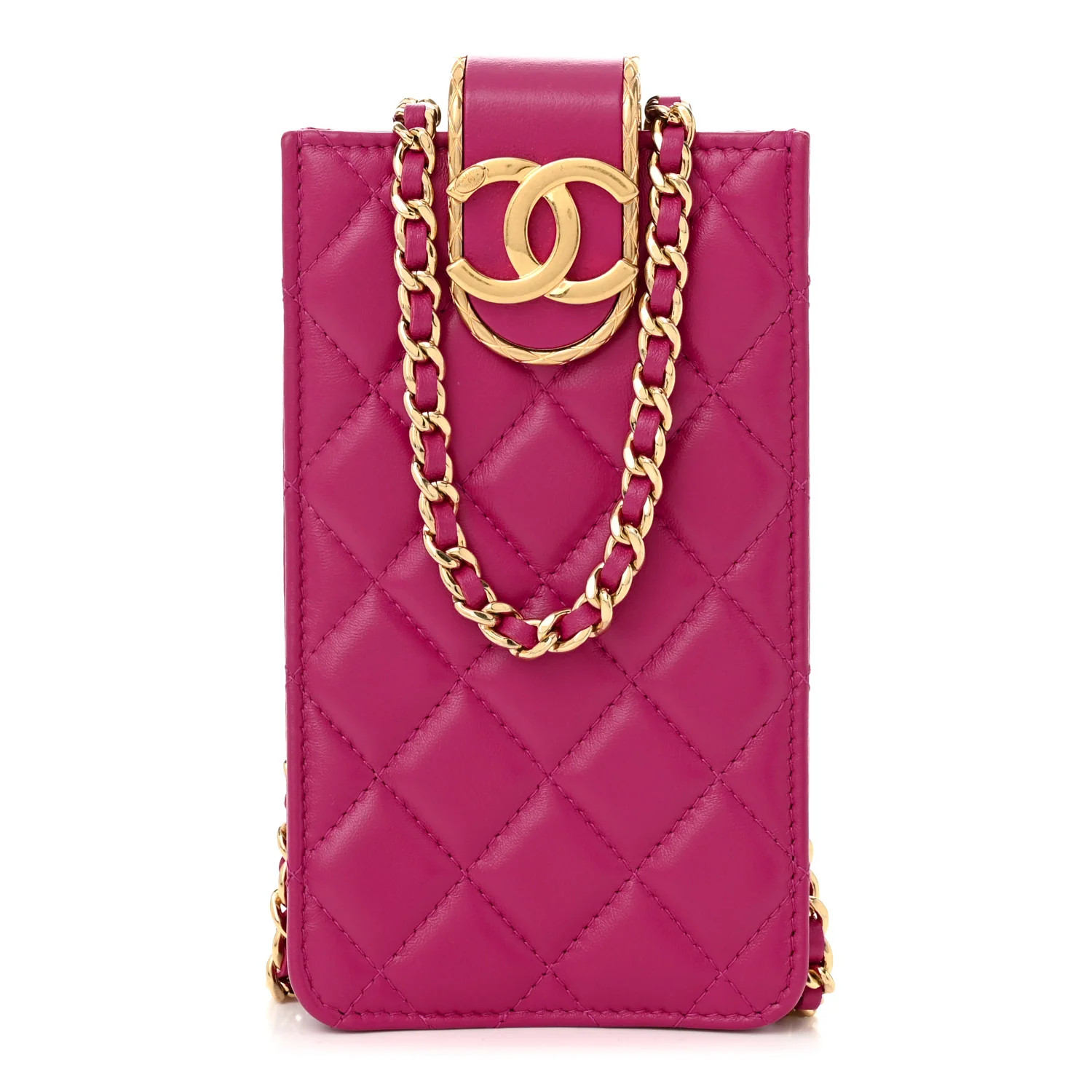 Lambskin Quilted Phone Holder With Chain Fuchsia | FASHIONPHILE (US)